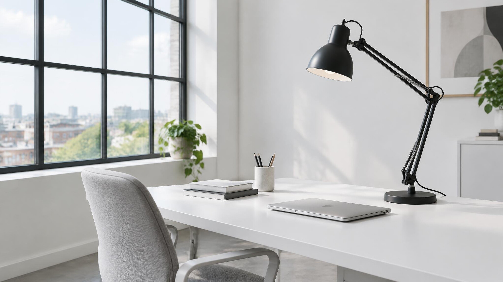 Bright office interior with black desk lamp and large window