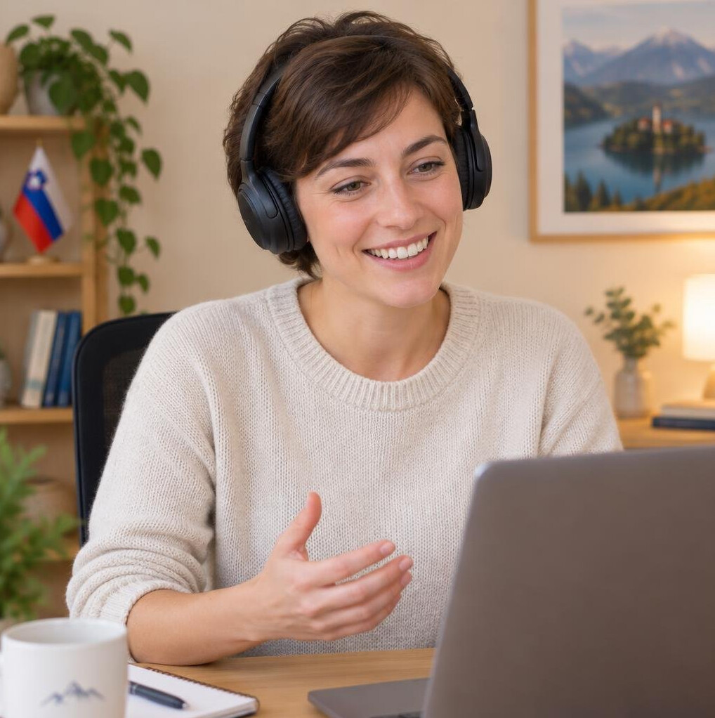 Young woman with headphones during an online business conversation