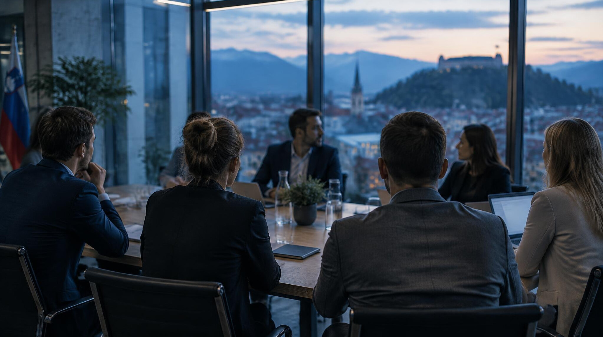 Business team meeting around a table in a bright modern office, seen from behind