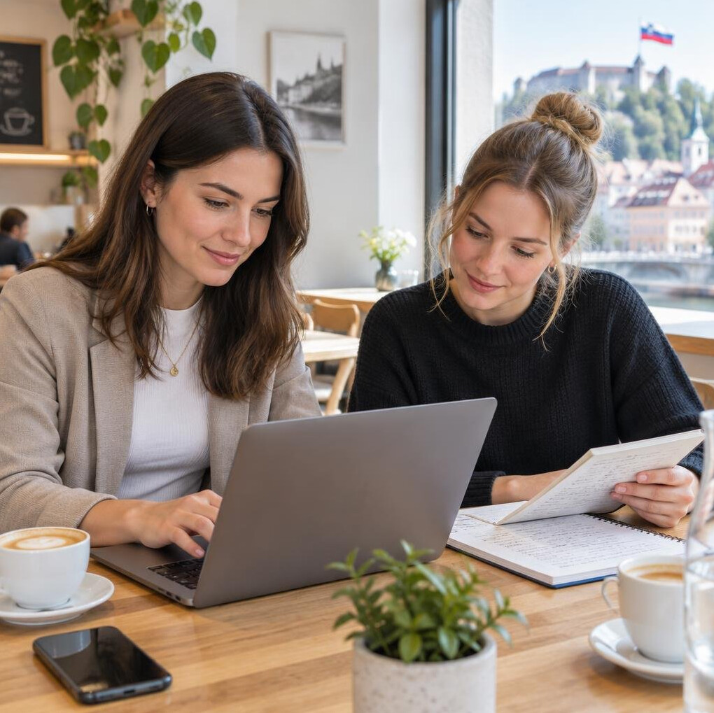 Two women working together on a laptop at a wooden table