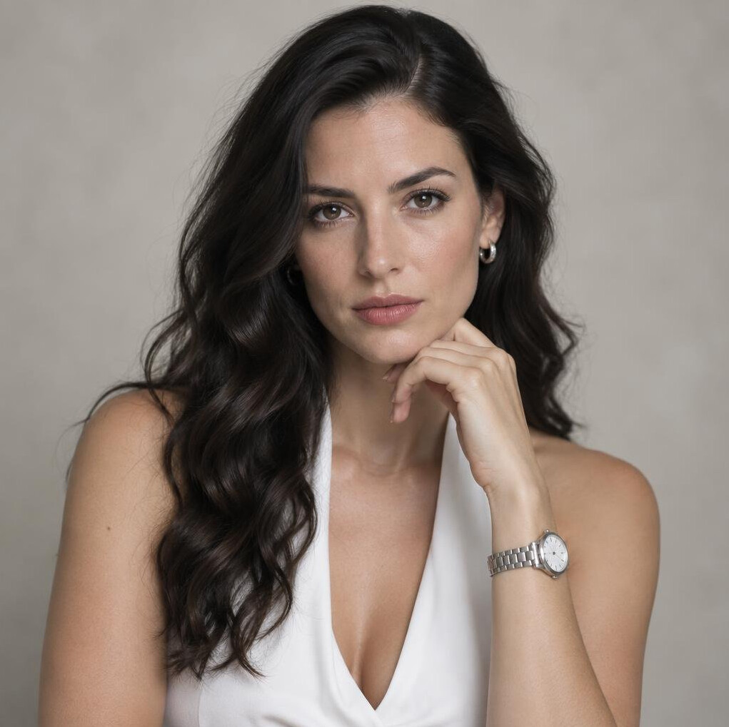 Woman with long dark hair and white halter top, serious look