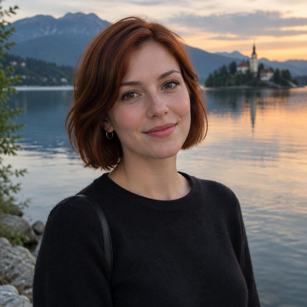 Woman with short auburn bob haircut by a lake